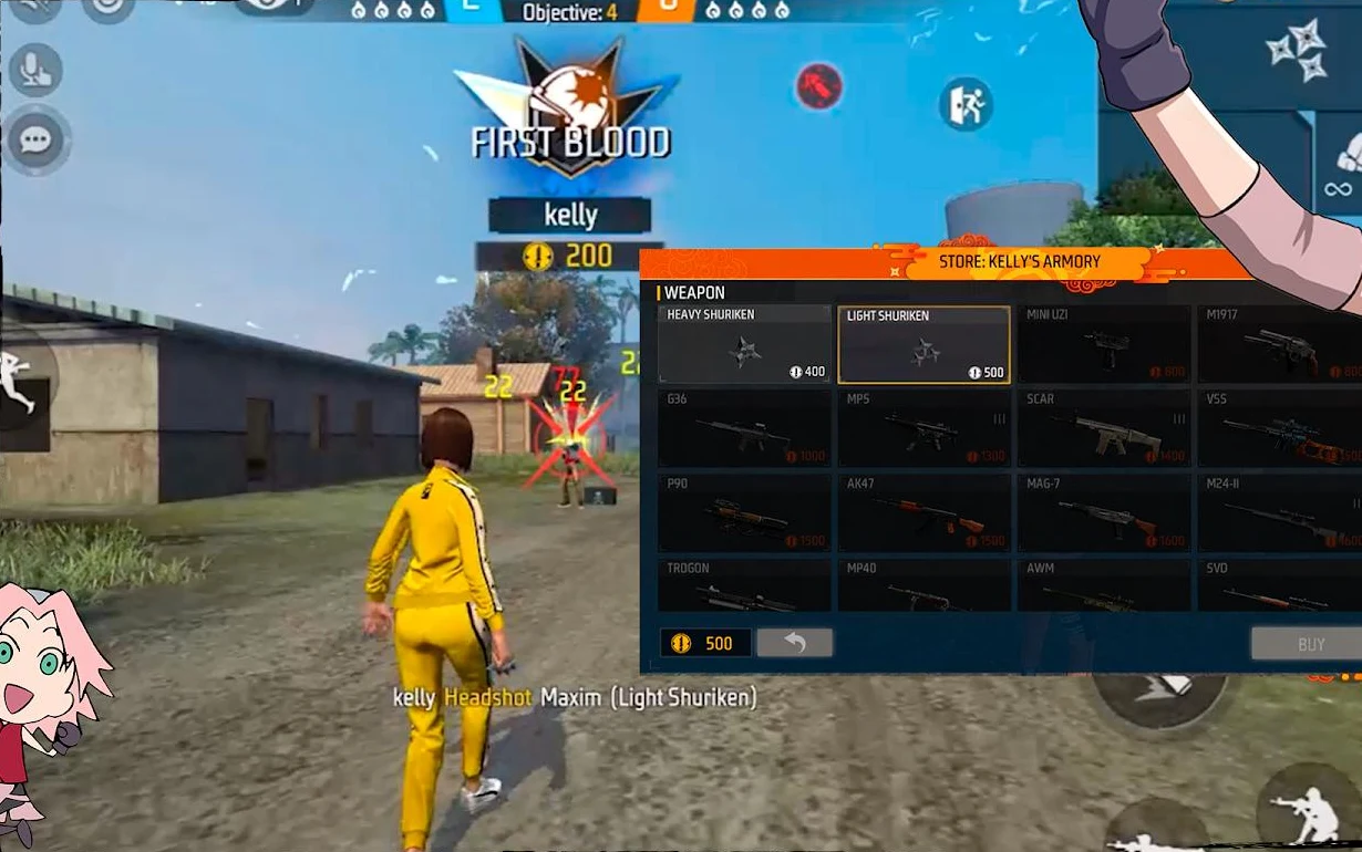 Captura real de Free Fire com combate e controles na tela